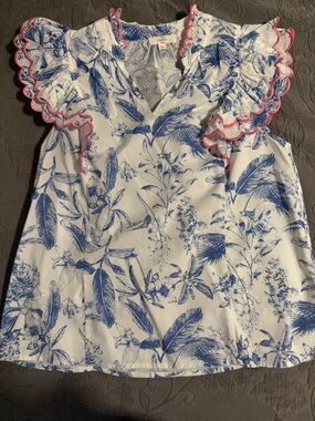Entro White Floral Ruffle Sleeve Top with Blue Print and Pink Trim